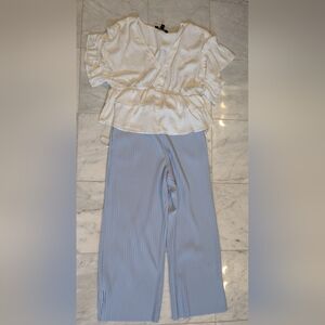 Women's White and Light Blue Pants Set